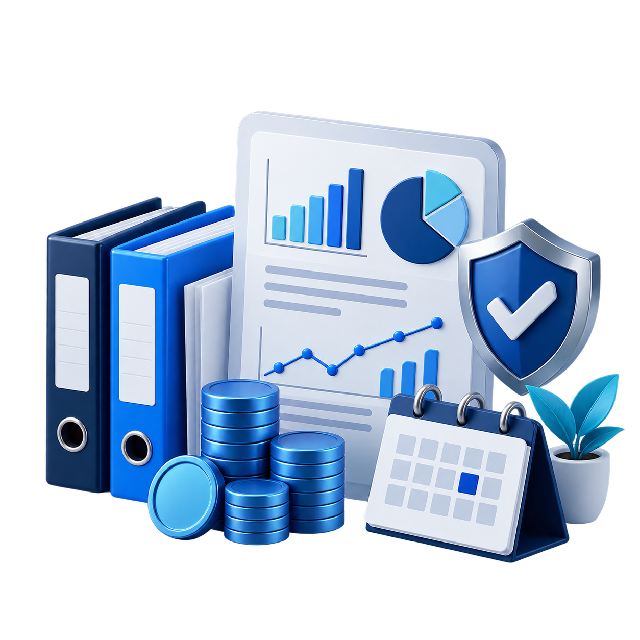 Informes, carpetas, calendario y escudo financiero en 3D