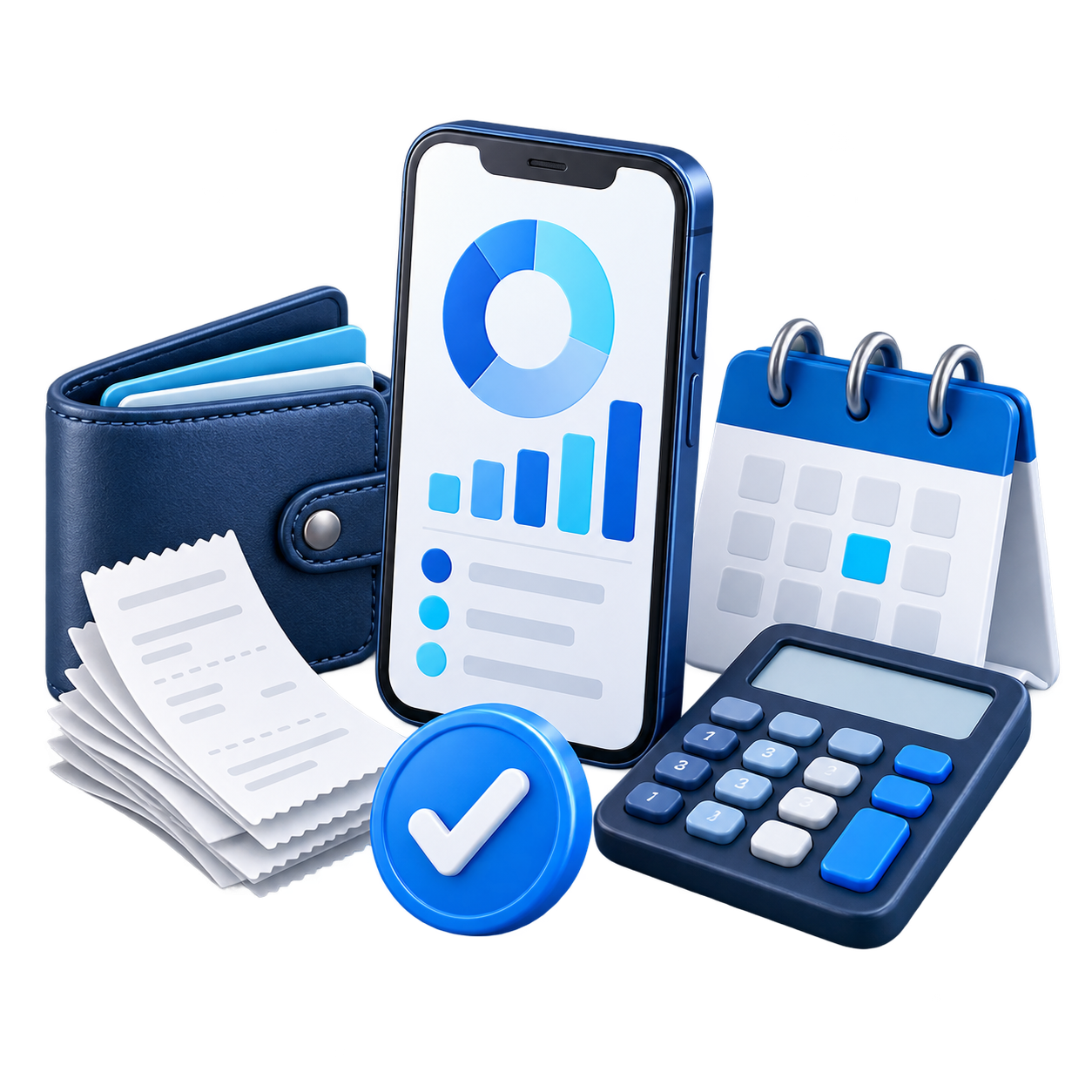 Teléfono, billetera, comprobantes y calculadora financiera en 3D