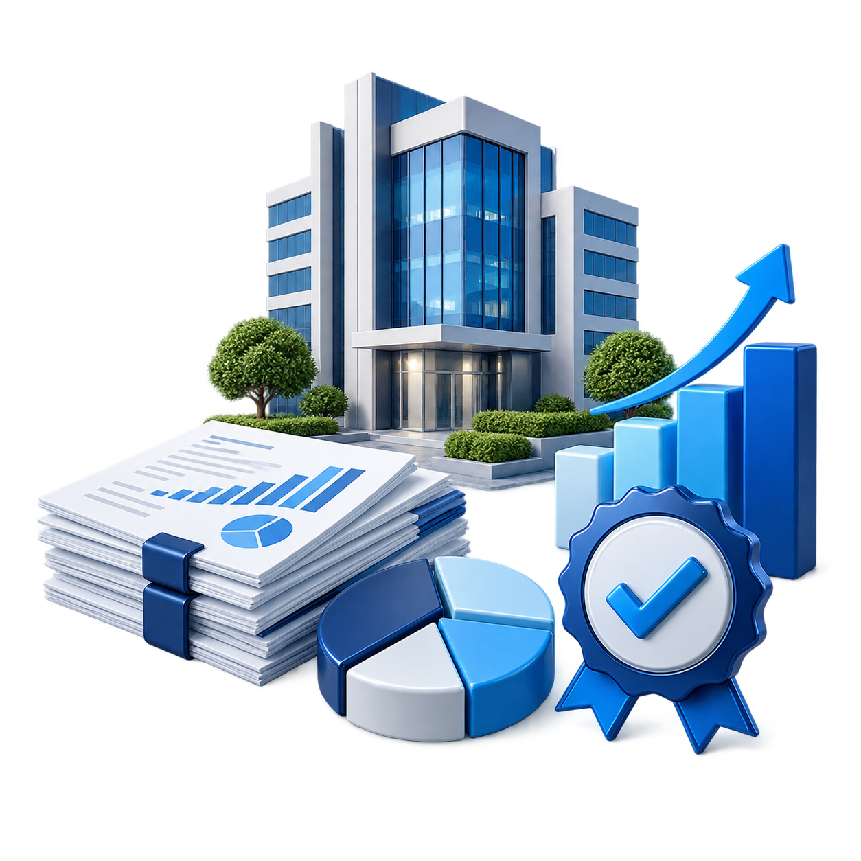 Empresa, informes financieros y sello de verificación en 3D