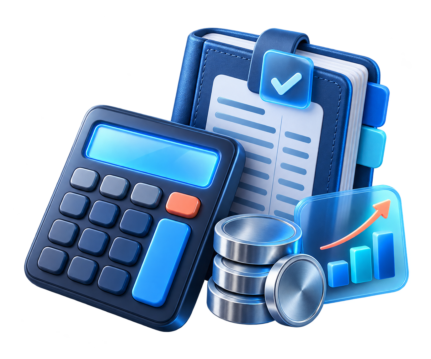Calculadora, libro contable, monedas y gráfico financiero en 3D
