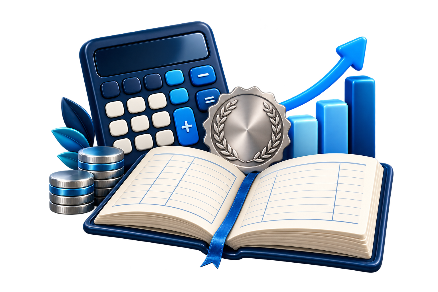 Ilustración 3D de calculadora, libro contable y gráfico financiero