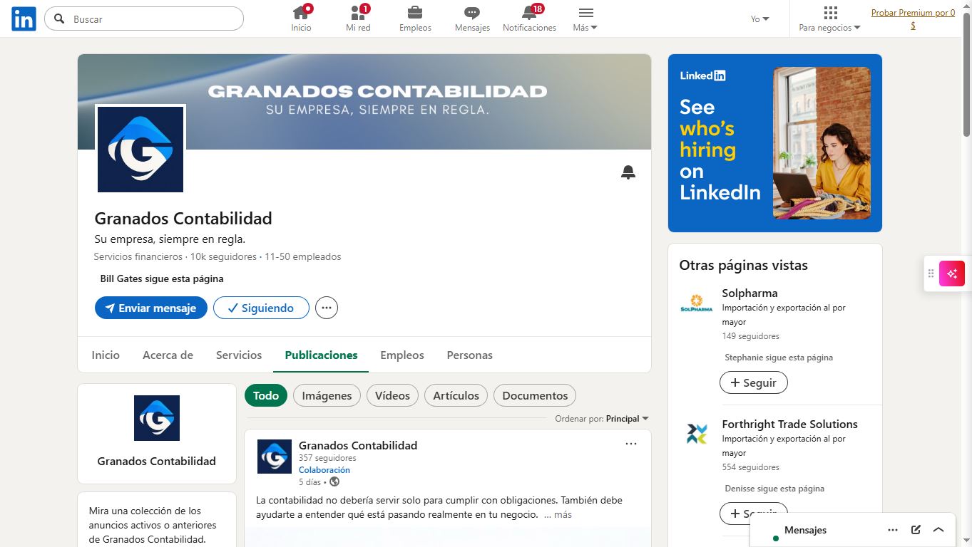 LinkedIn de Granados Contabilidad desde una computadora