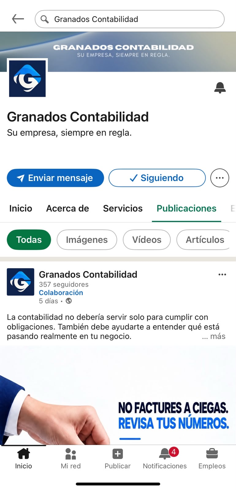 LinkedIn de Granados Contabilidad desde un celular
