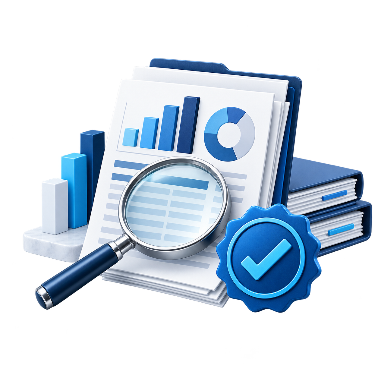 Informe financiero, lupa y sello de verificación en 3D