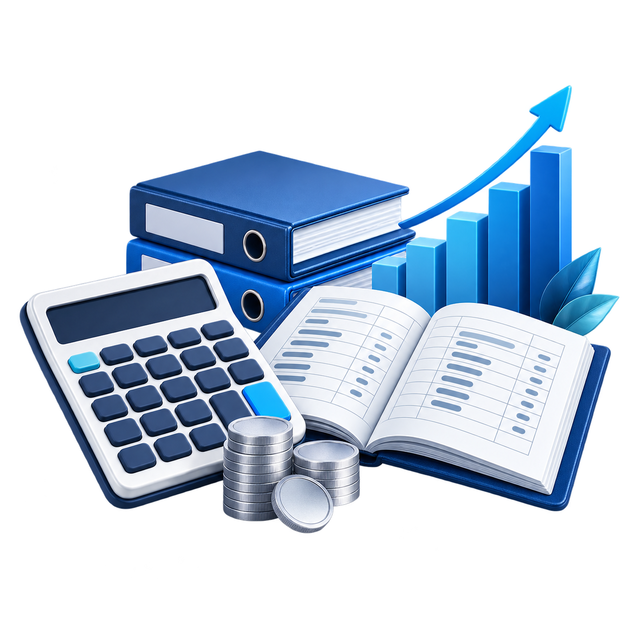 Calculadora, libros contables, monedas y gráfico financiero en 3D