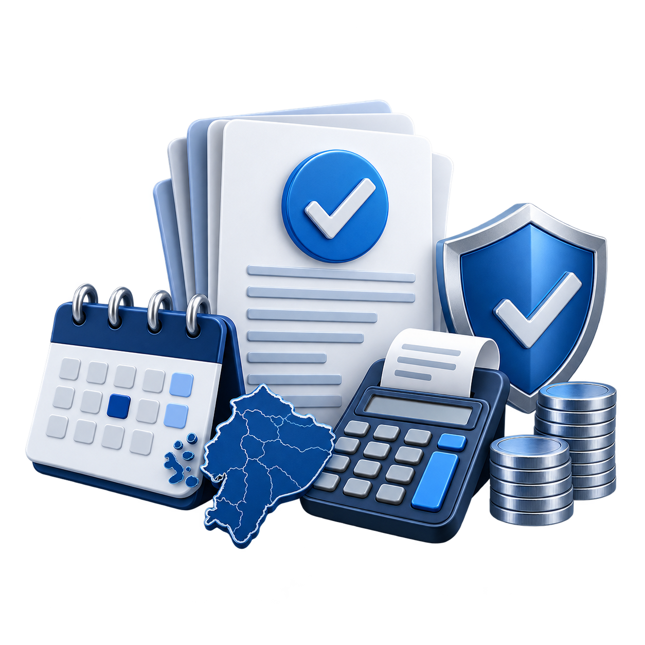 Documentos tributarios, calendario y escudo de cumplimiento en 3D